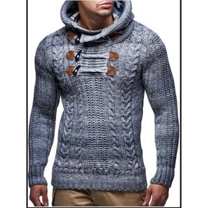 LEIF NELSON Mens Grey Cable Knit Hooded Sweater Toggle Button Detail Size S